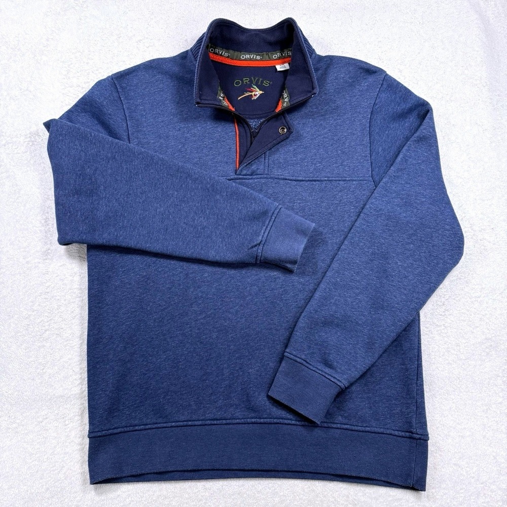Orvis Men's Medium Blue Heather Quarter Zip Snap Mock Neck Pullover Sweatshirt